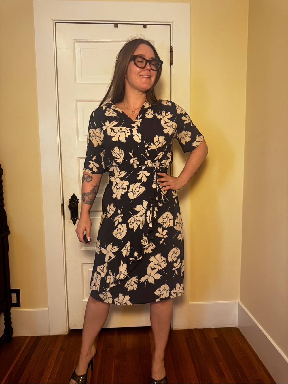 40s Vintage Cold Rayon Floral Faux Wrap dress Sz L